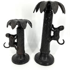 Vintage Bombay Metal Monkey Climbing Palm Tree Candlestick Holders Pair of Two